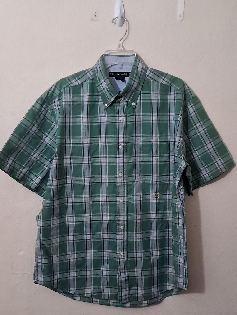 Tommy Hilfiger Men's Size Large Green Plaid Short-Sleeve Button-Down Shirt